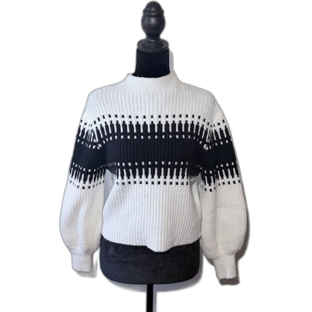 Gianni Bini Ivory/black Sweater Women's Large Knit Balloon Sleeve Mock Neck